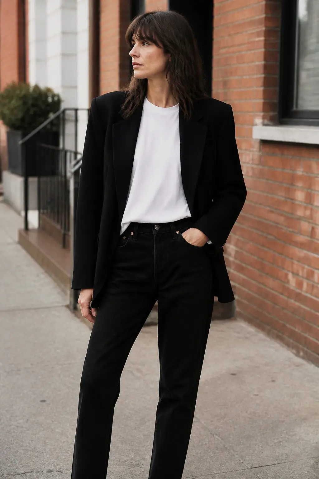 black structured blazer white tee and straight-leg jeans saturday outfit in the carolyn bessette style