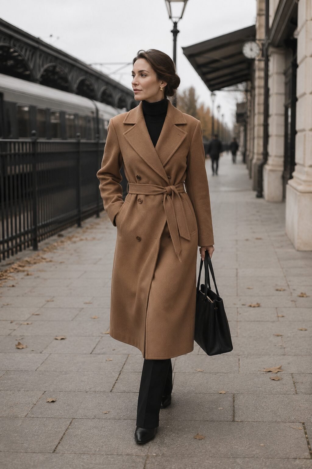 affordable carolyn bessette kennedy style fall outfit: camel wrap coat over a black turtleneck and skinny trouser