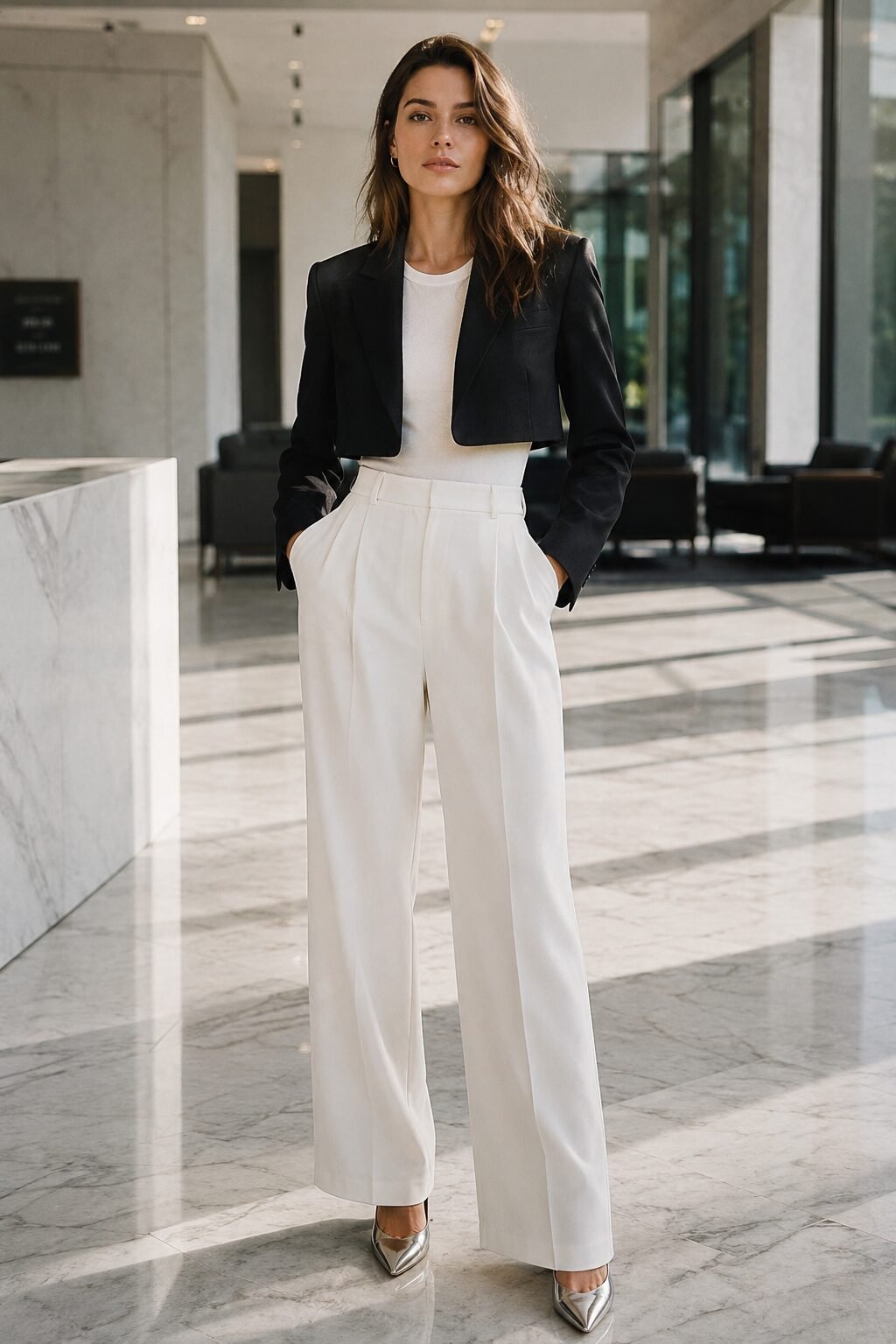 fall capsule outfit formula: cropped black jacket with high-waisted white trousers and a metallic heel