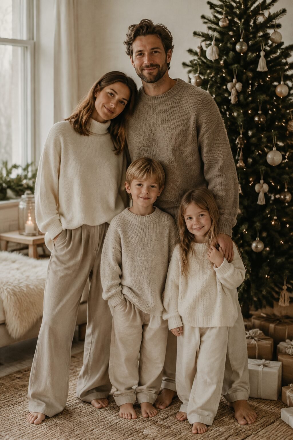 relaxed family christmas outfits coordinated by silhouette: mother in an oversized cream cashmere sweater
