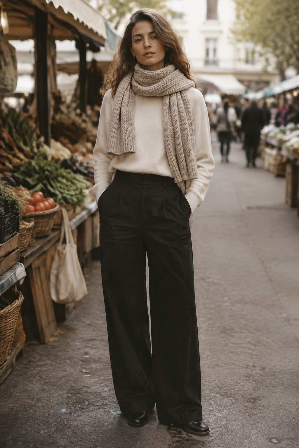 cream cashmere sweater with black trousers and wrapped neutral wool scarf, fall capsule outfit
