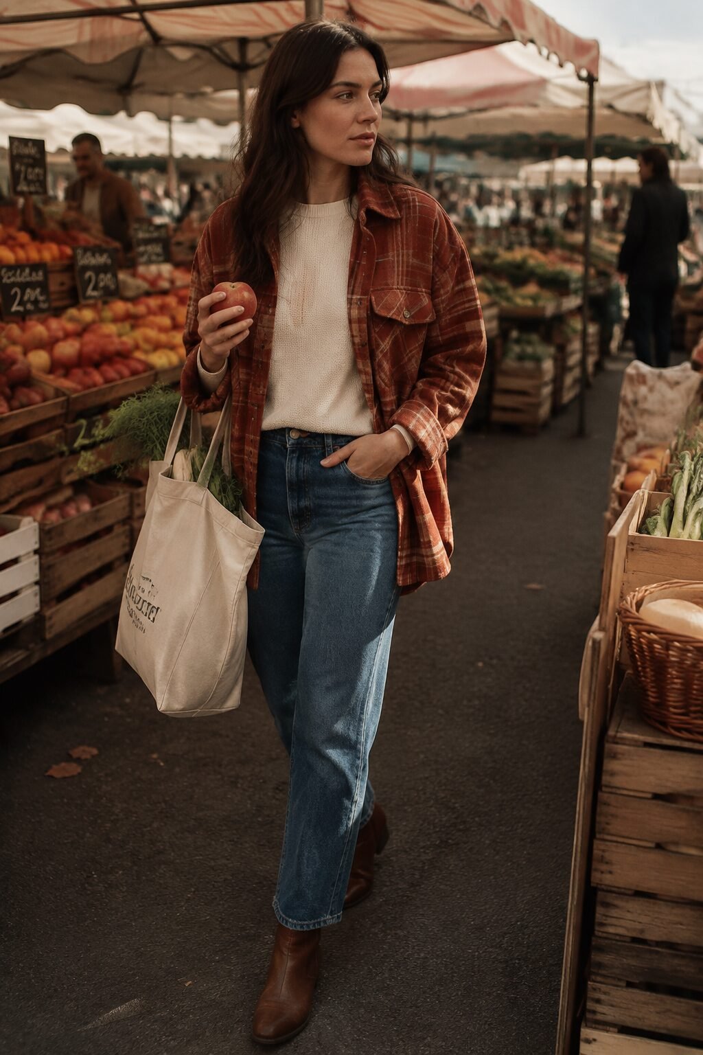 fall capsule wardrobe outfit idea: rust flannel shirt-jacket, tee, and denim for a Saturday farmers market outfit