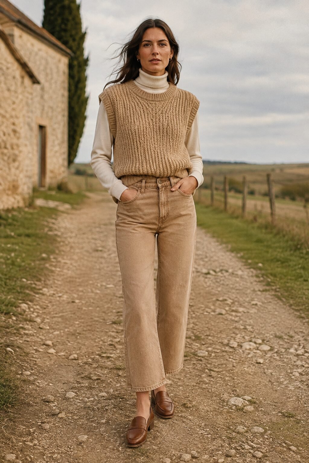 Carolyn Bessette jeans outfit: camel chunky knit vest layered over a turtleneck with cropped straight-leg denim for a country weekend