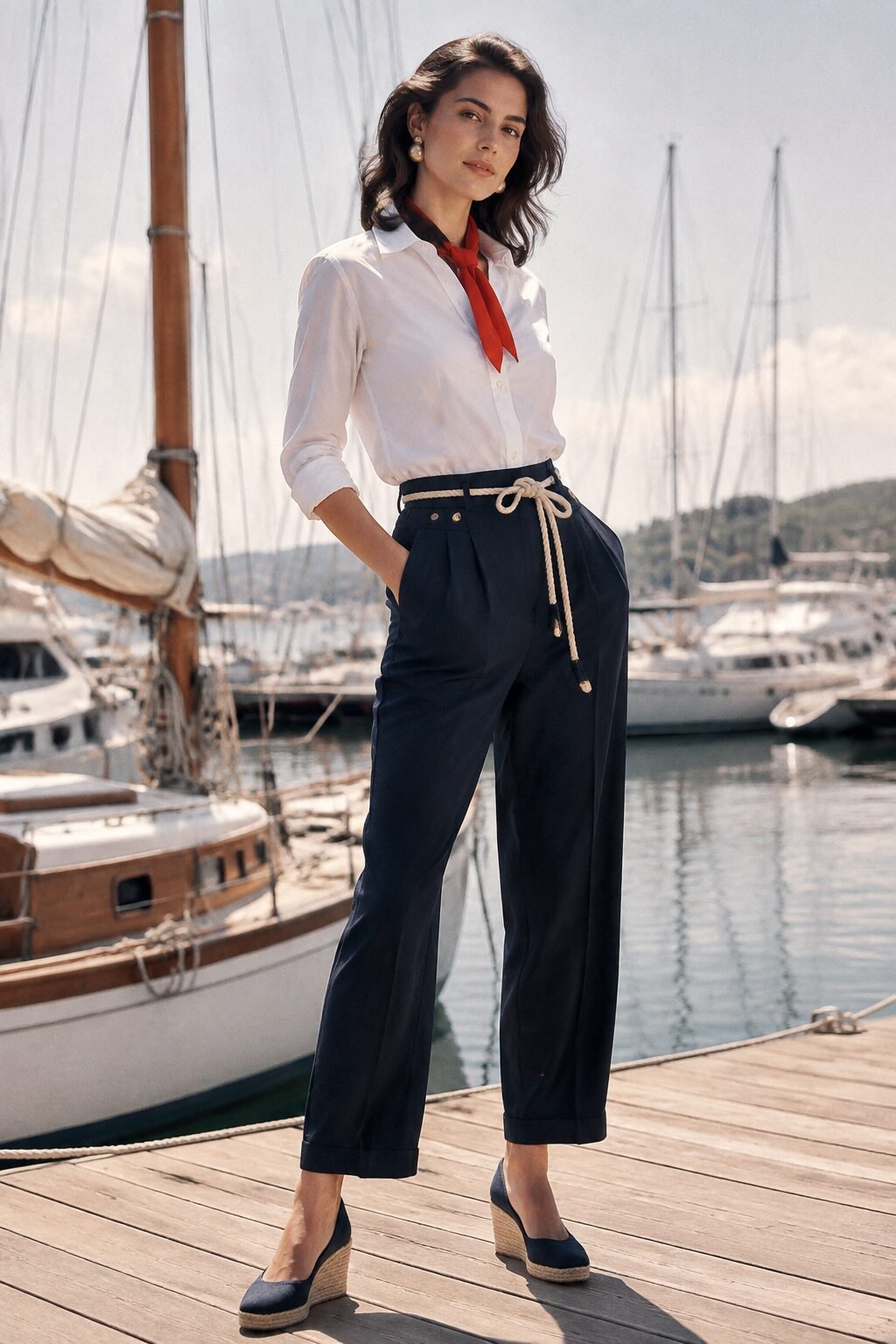 nautical white shirt outfit: white shirt tucked into navy sailor trousers with a rope belt