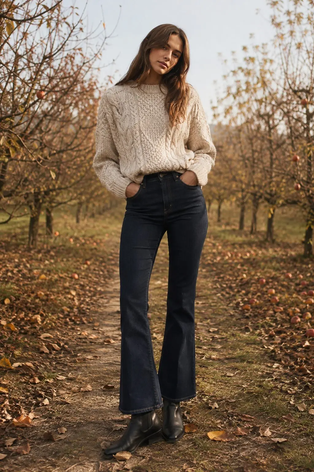 fall bootcut jeans outfit: oatmeal cable knit sweater with dark indigo denim and black Chelsea boots