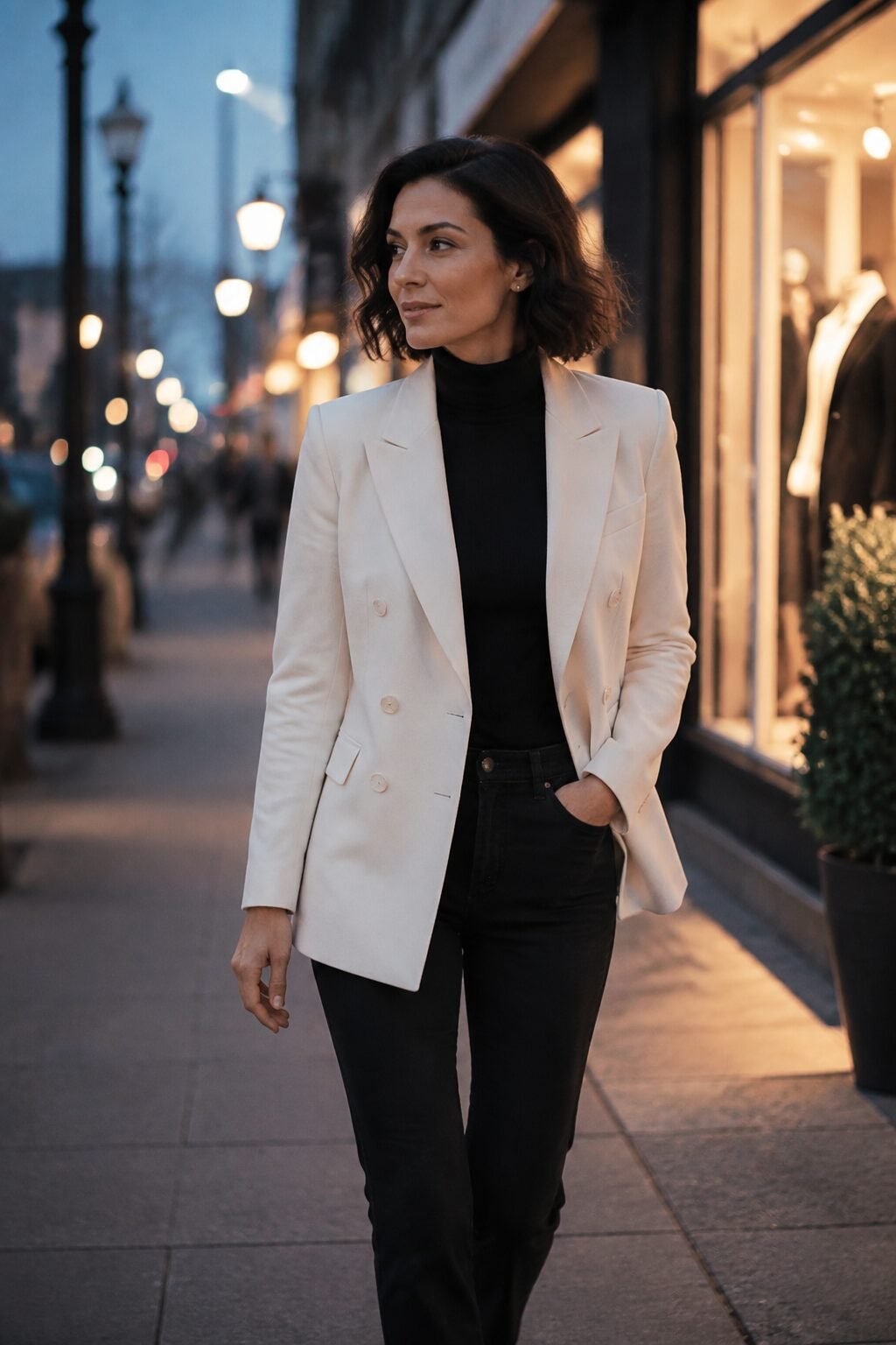 black and ivory Carolyn Bessette Kennedy blazer outfit: ivory double-breasted blazer over black straight-leg jeans