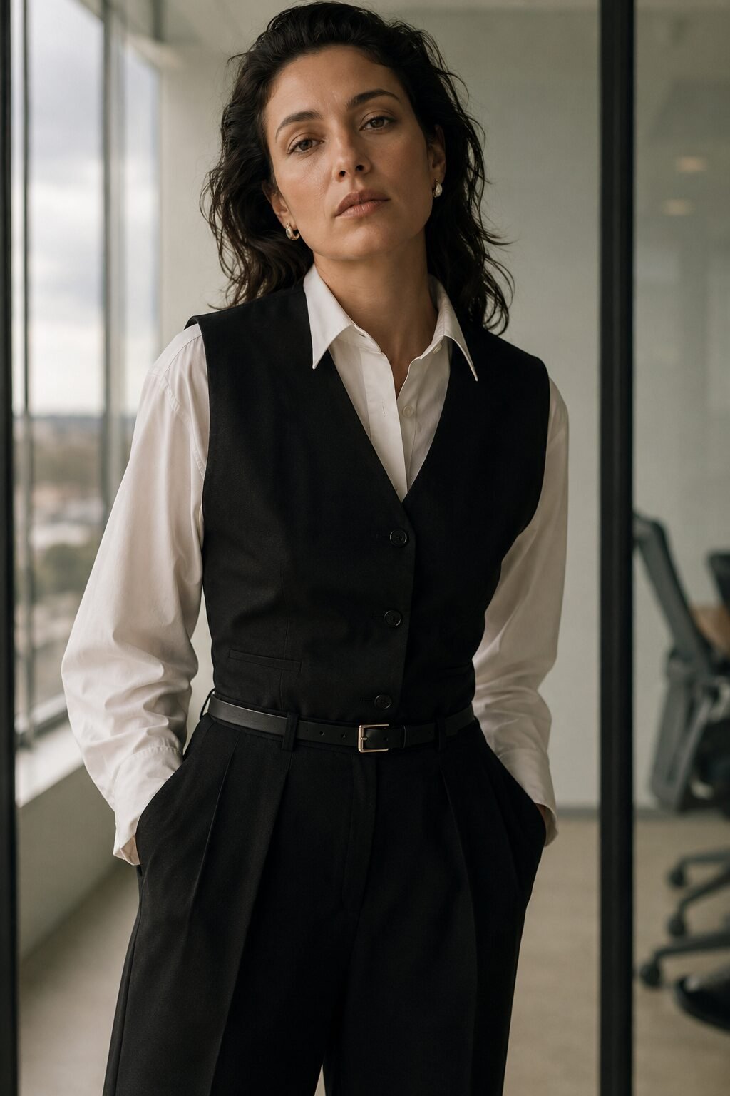 office presentation black pants outfit: tailored vest over a crisp white shirt with pleated tapered black trousers