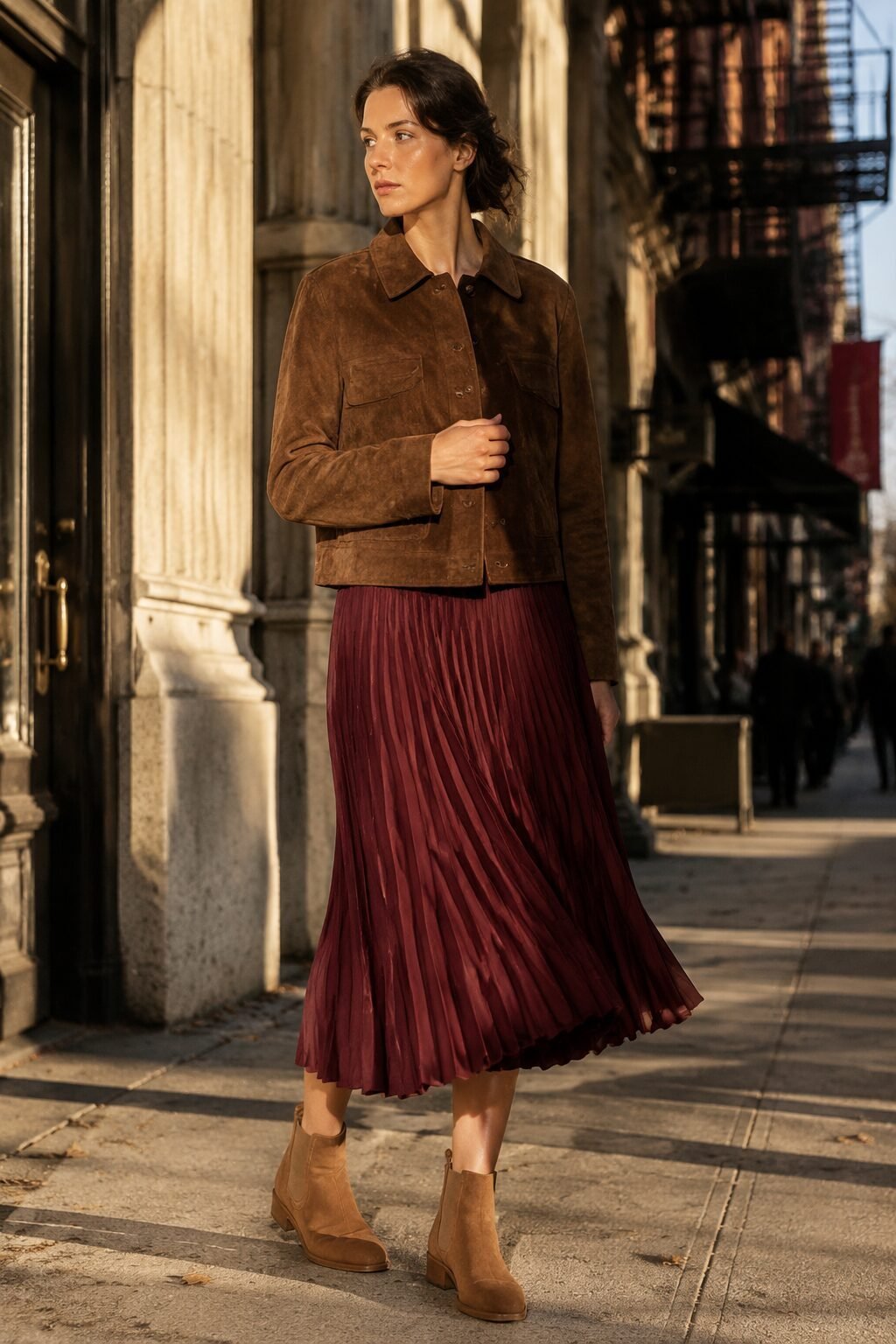 how to style a suede jacket with a pleated skirt: chocolate suede jacket over a pleated midi skirt with tan suede boots
