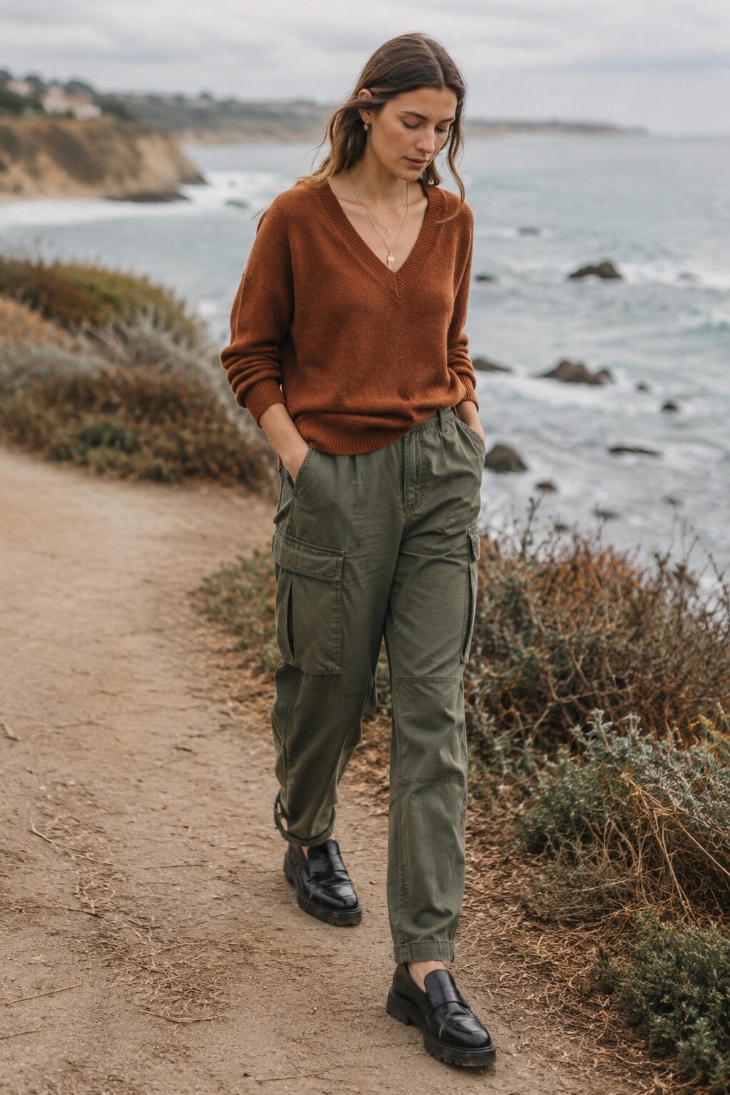 how to style a sweater with cargo pants: v-neck sweater with olive parachute cargo pants and black loafers
