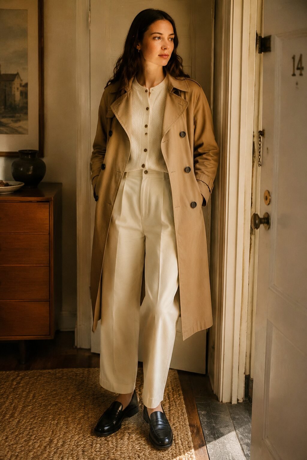 transitional trench coat outfit: camel trench coat over a mocha brown merino wool cardigan