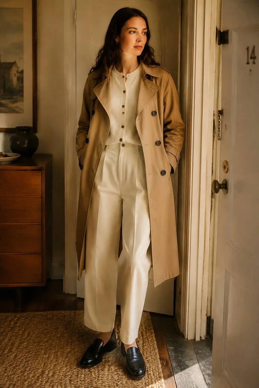 transitional trench coat outfit: camel trench coat over a mocha brown merino wool cardigan