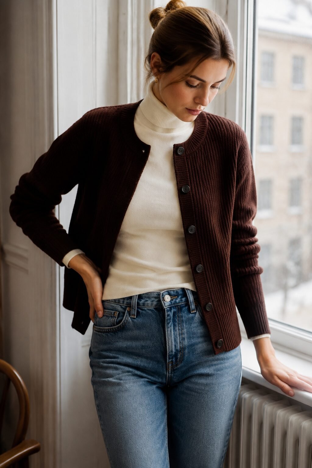 how to style a cardigan with a turtleneck: mahogany rib cardigan layered over ivory turtleneck and straight-leg jeans, winter outfit