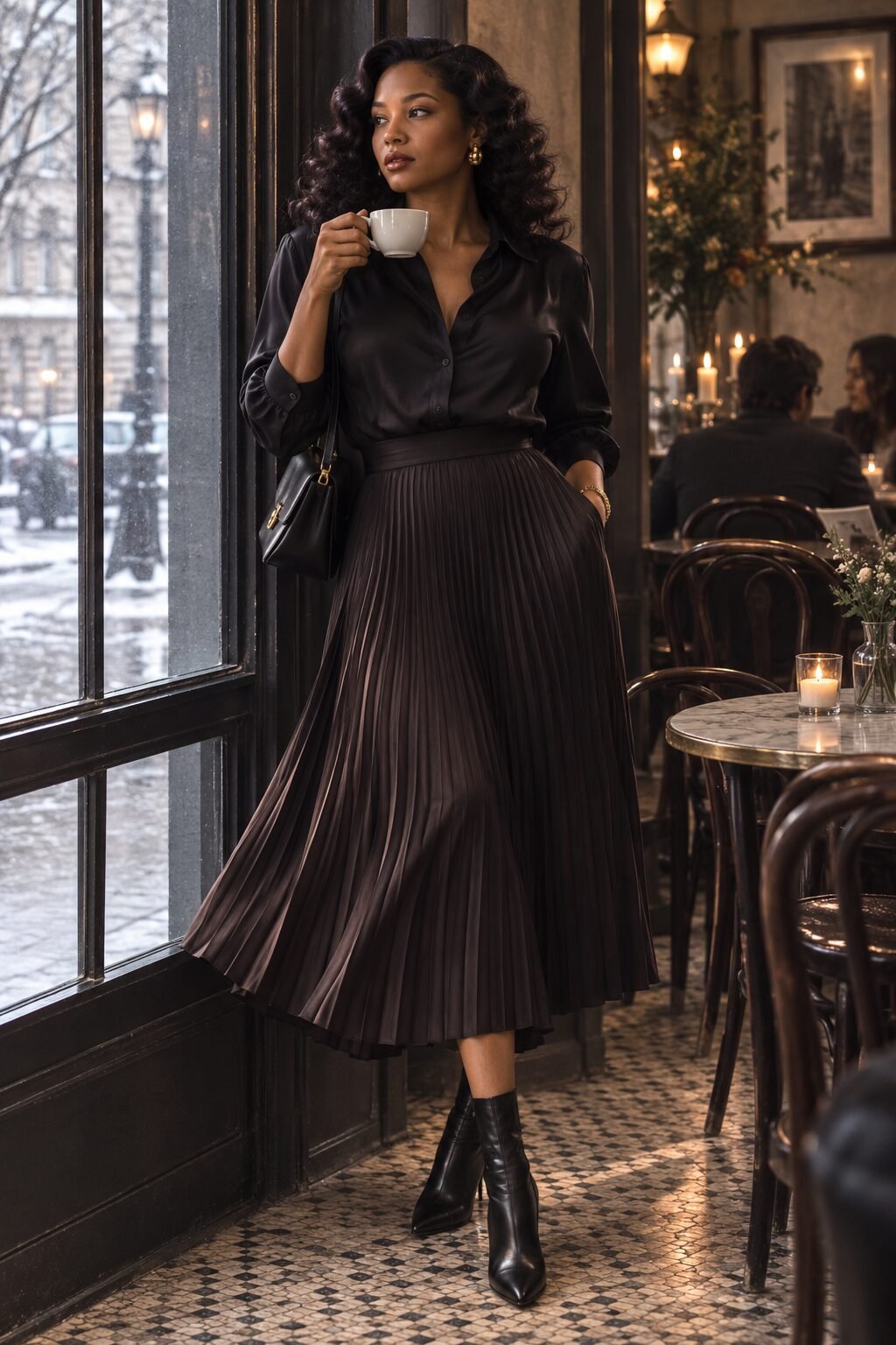 vamp romantic christmas outfit: pleated black silk skirt with a silk blouse and ankle boots for holiday brunch