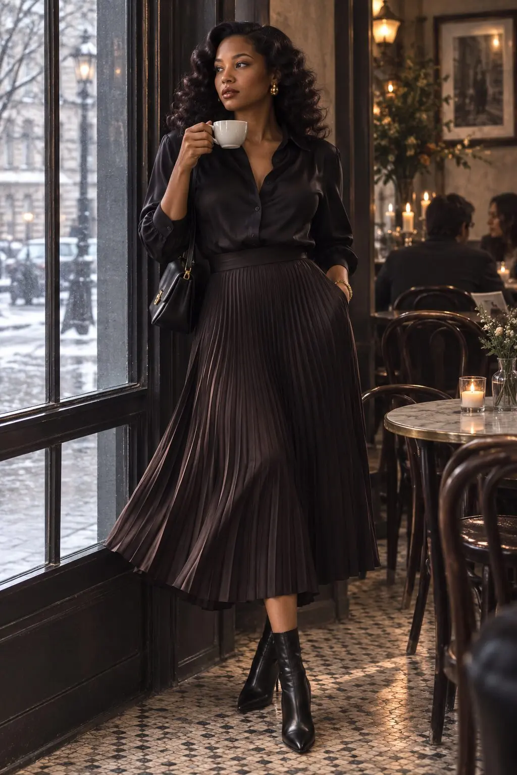 vamp romantic christmas outfit: pleated black silk skirt with a silk blouse and ankle boots for holiday brunch