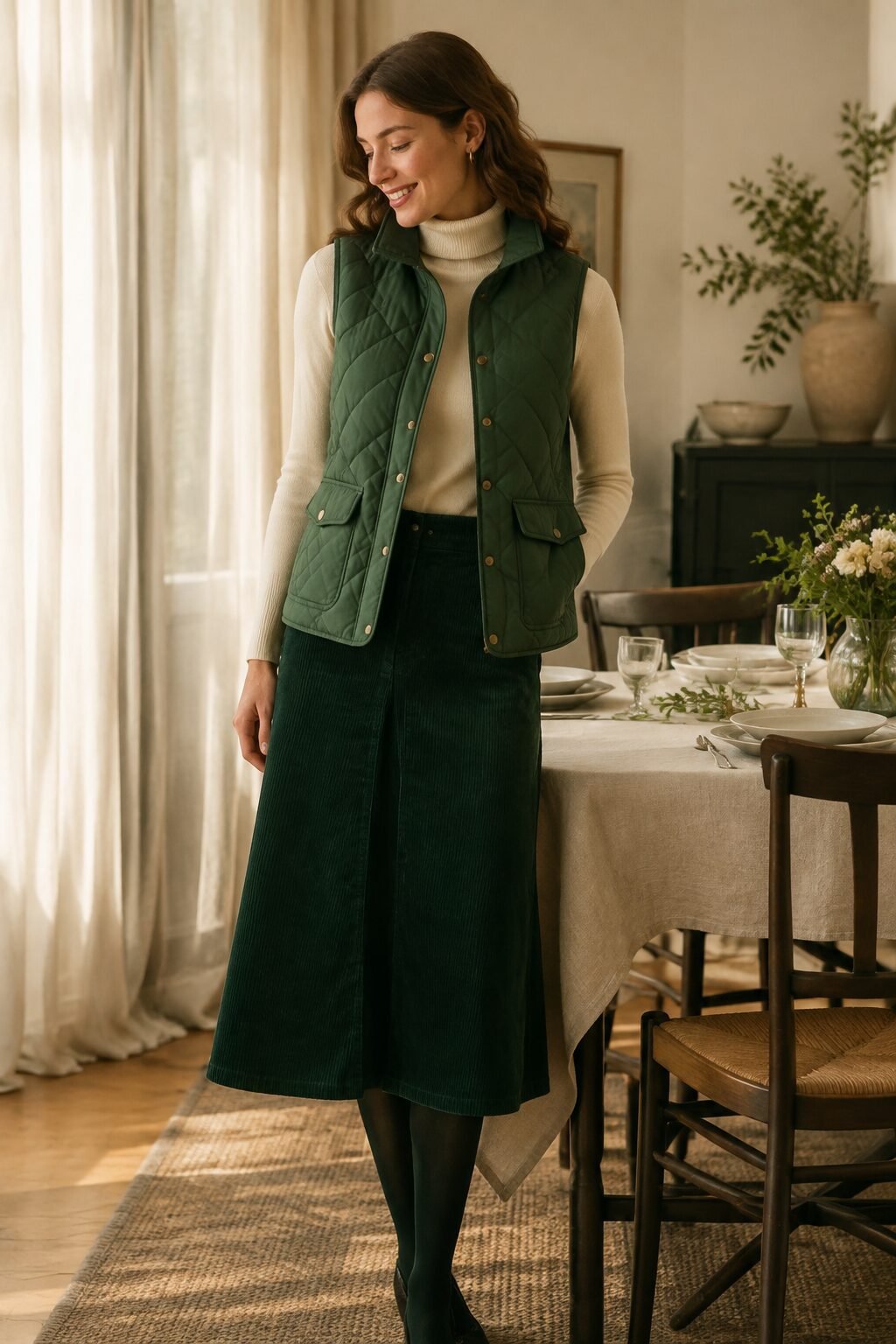 cozy christmas day outfit idea: forest green corduroy skirt, cream turtleneck, and quilted vest with tights