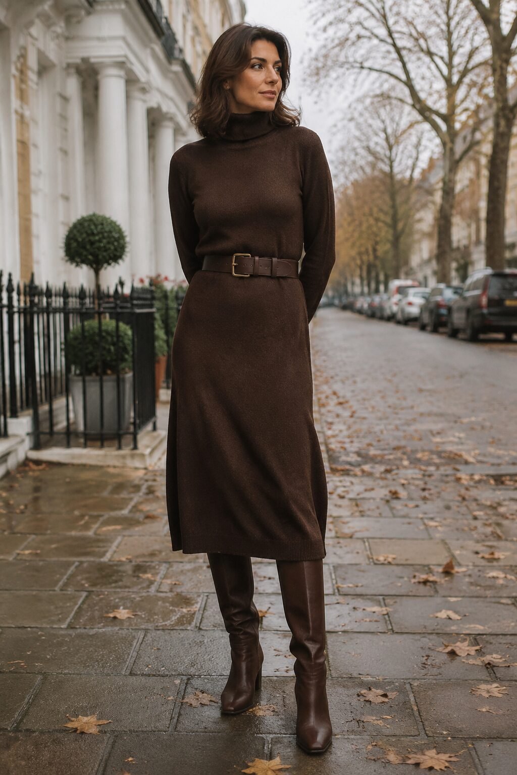 90s style icon outfit inspiration: chocolate brown turtleneck sweater dress with tall boots for late fall weekend style