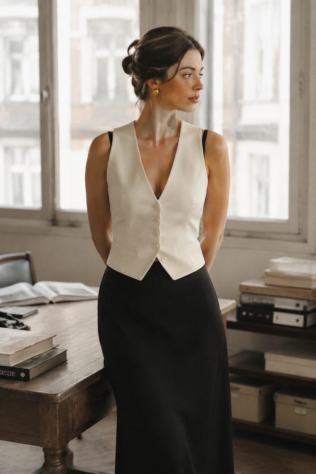 carolyn bessette slip dress outfit: black slip dress under a cream structured vest
