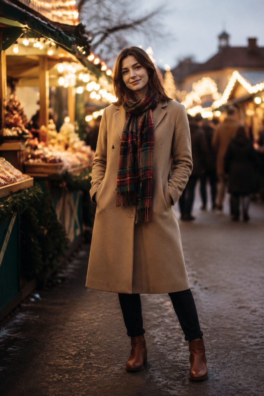 family christmas outfits with tartan kept to accessories: mother in a camel coat with a tartan scarf