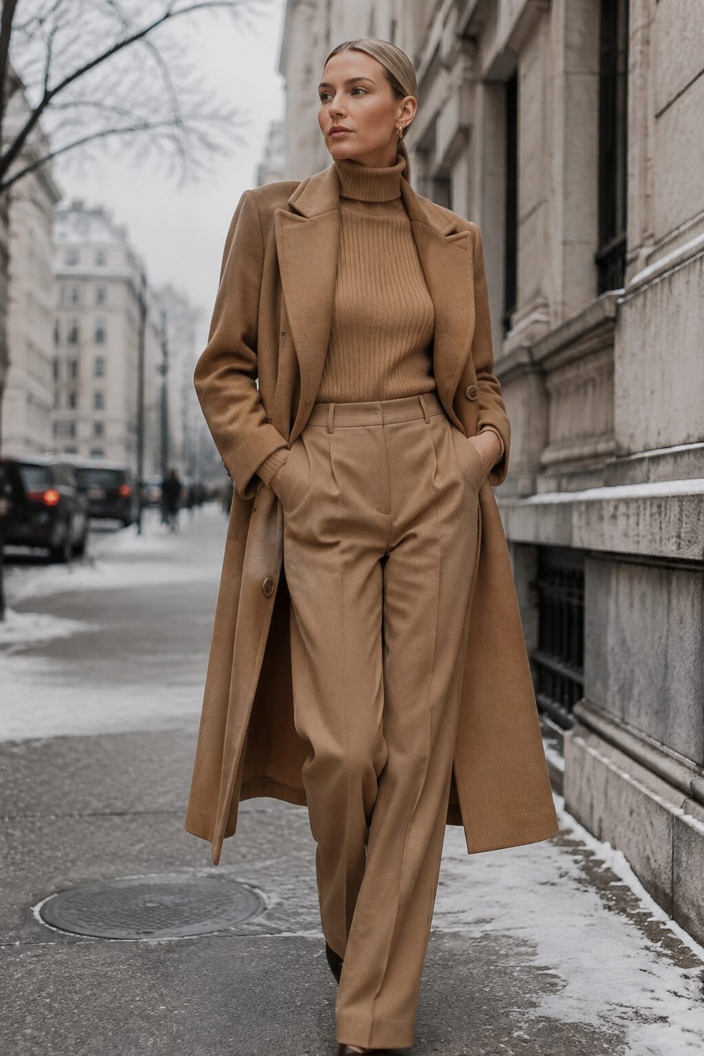 camel monochrome wool coat turtleneck and straight trouser cold weather outfit carolyn bessette kennedy inspired