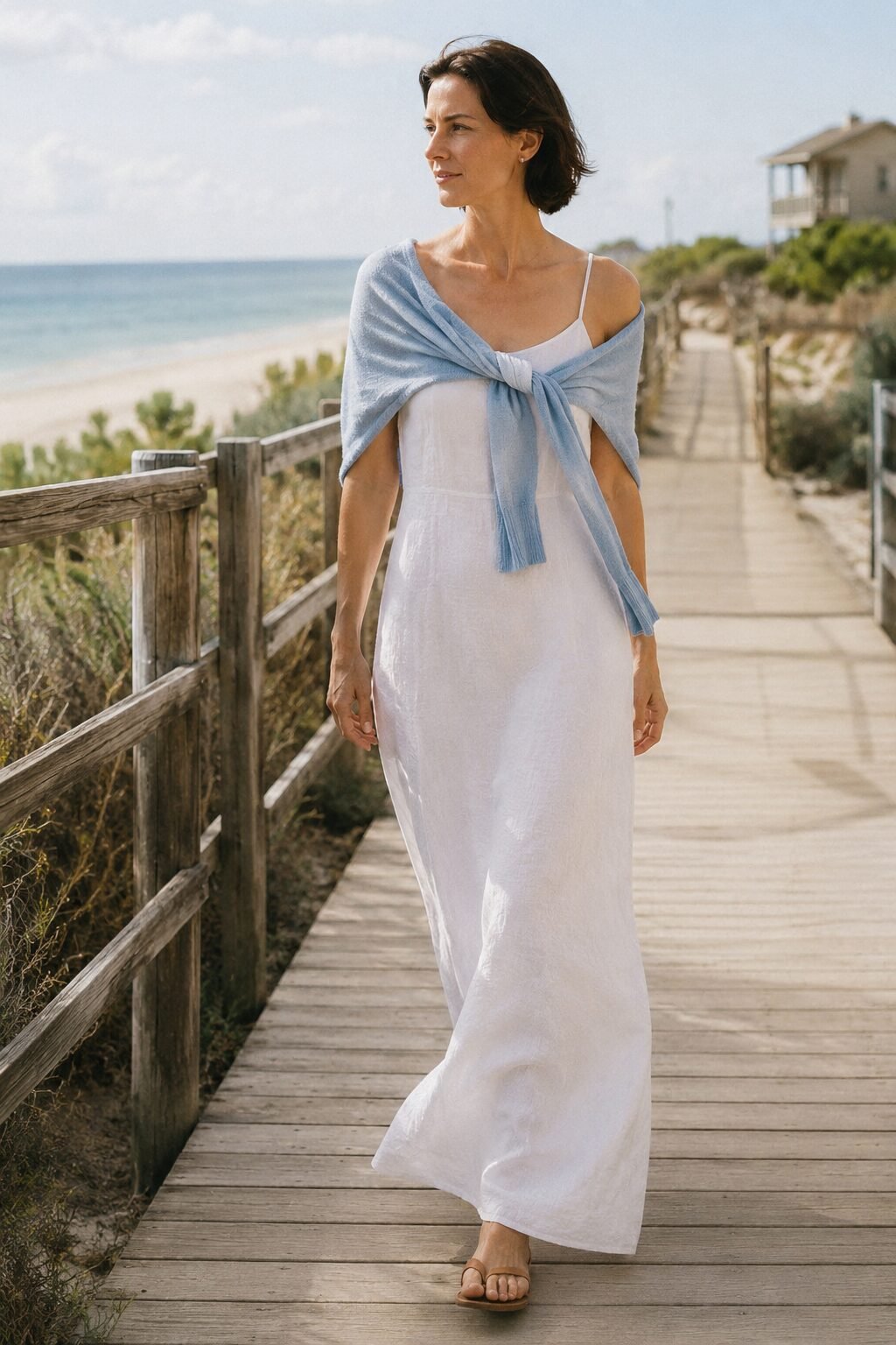 quiet luxury summer vacation outfit on a budget: white linen slip dress with a pale blue cardigan tied over the shoulders
