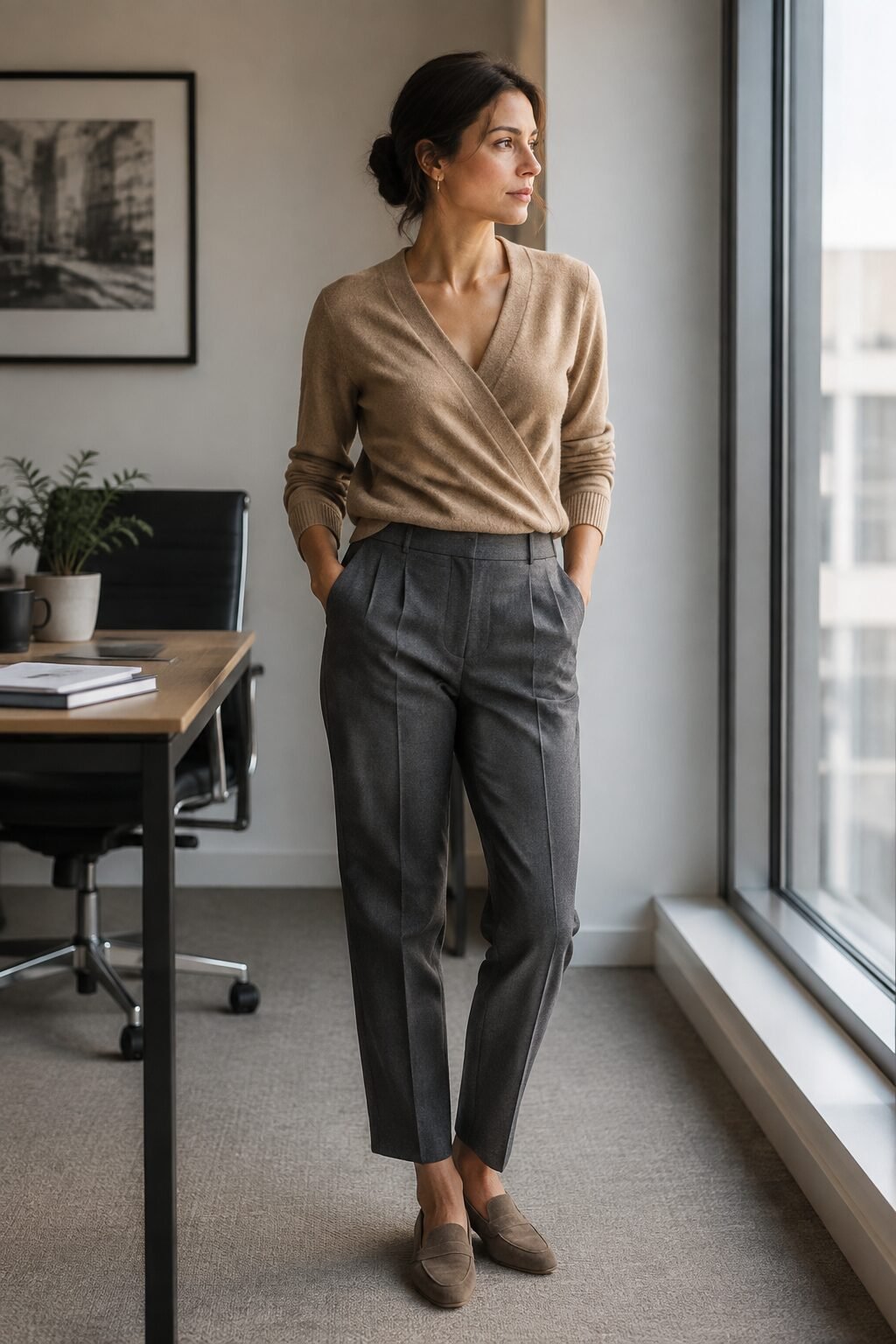fall capsule outfit formula: camel wrap sweater tucked into grey straight-leg trousers with loafers