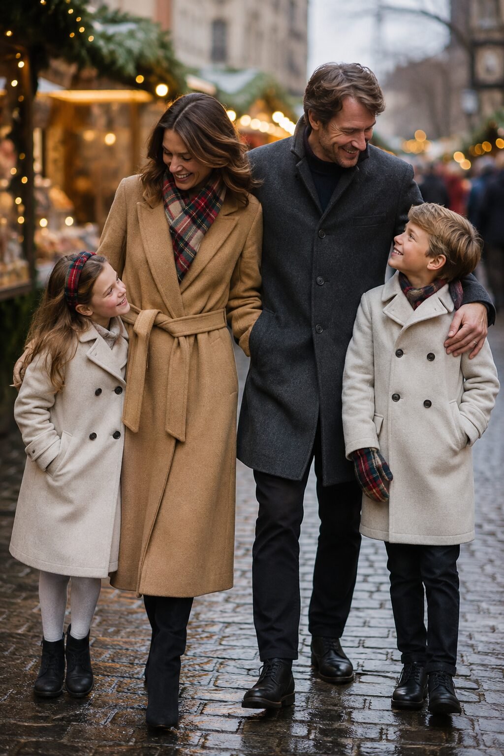 family christmas outfits with tartan kept to accessories: mother in a camel coat with a tartan scarf