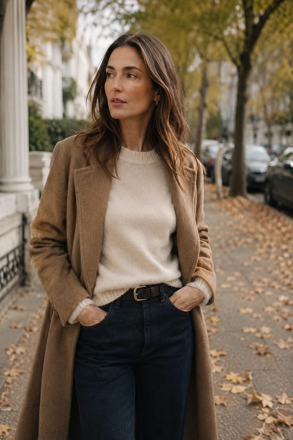 camel wool coat over cream sweater and indigo jeans, easy fall capsule wardrobe outfit