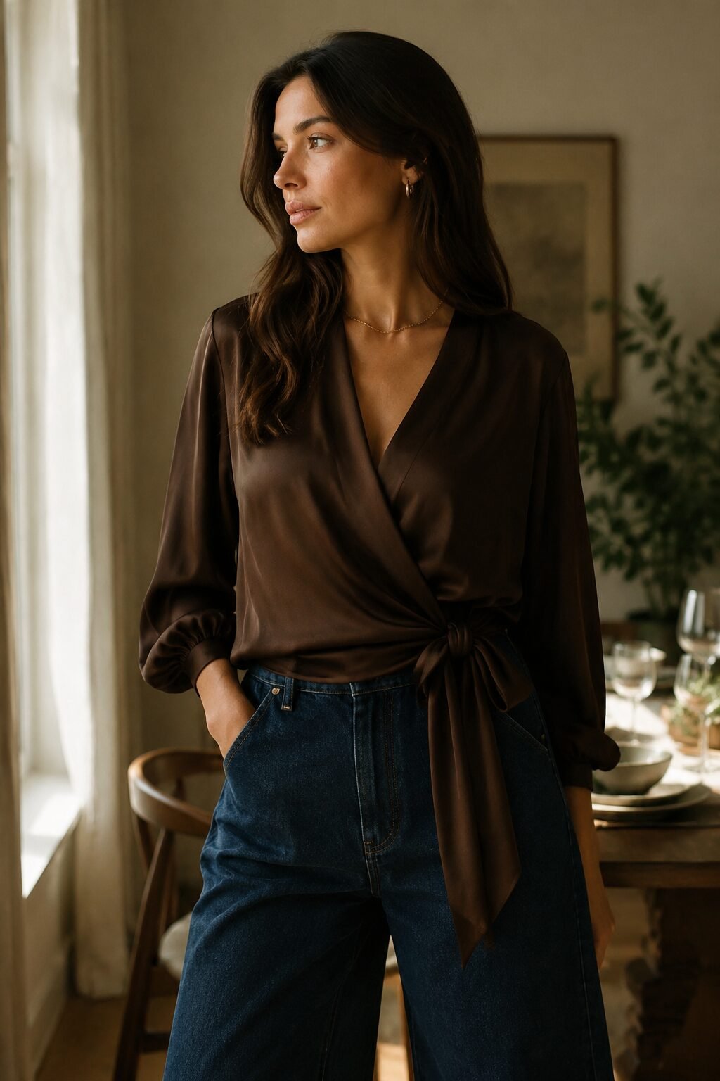 Polished denim outfit: chocolate silk wrap top tucked into dark wash wide-leg jeans for a dinner party at home