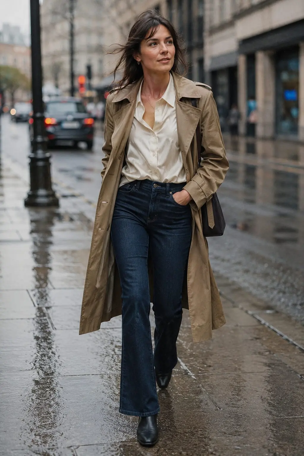 rainy day bootcut jeans outfit: ivory silk blouse and khaki trench coat over indigo denim