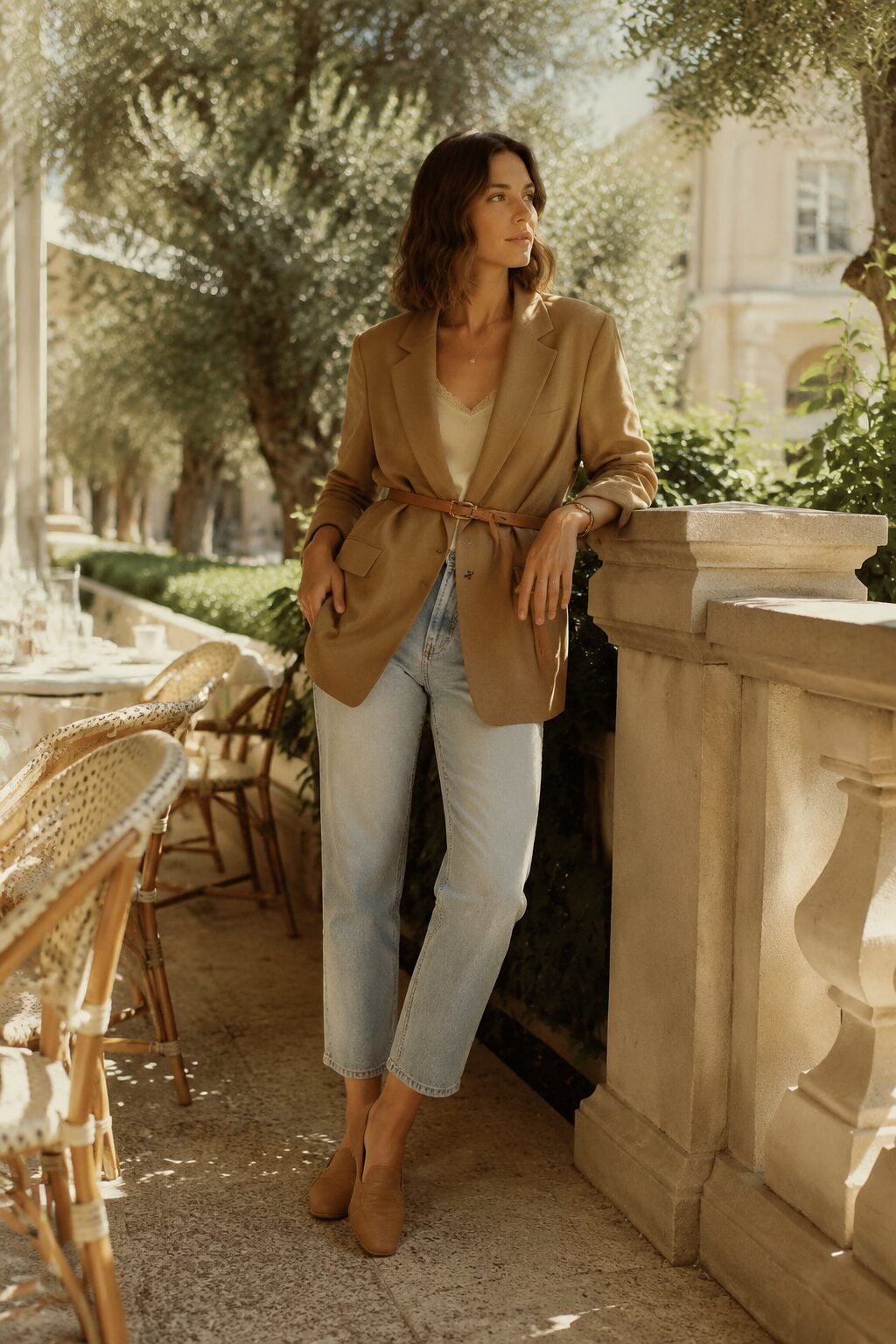 weekend brunch denim and blazer outfit: camel oversized belted blazer with cropped light-wash straight-leg jeans
