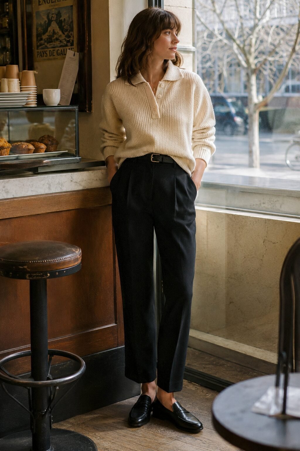 weekend coffee run black pants outfit: chunky cream knit polo tucked into straight-leg wool-blend black trousers