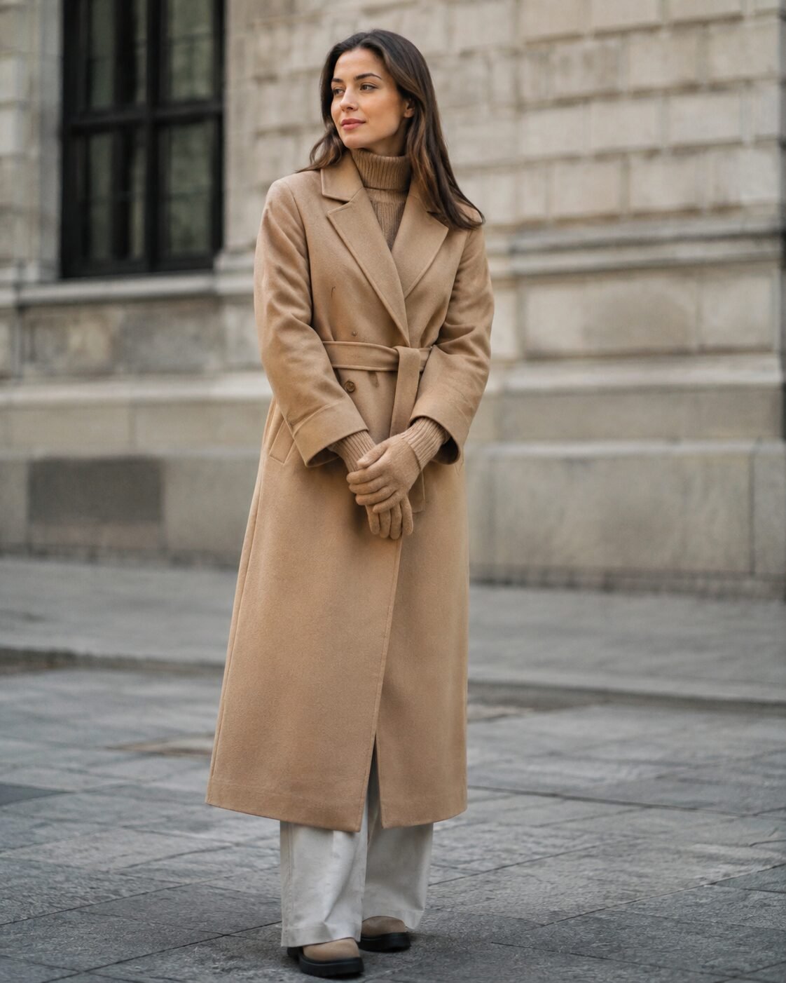 affordable quiet luxury fall outfit: camel wool coat styled with matching camel cashmere gloves