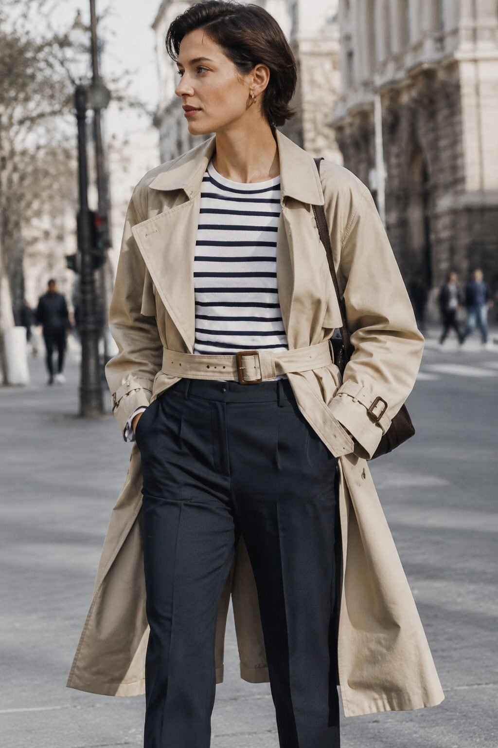ink navy cigarette pants and breton stripe top outfit with belted trench for city weekend
