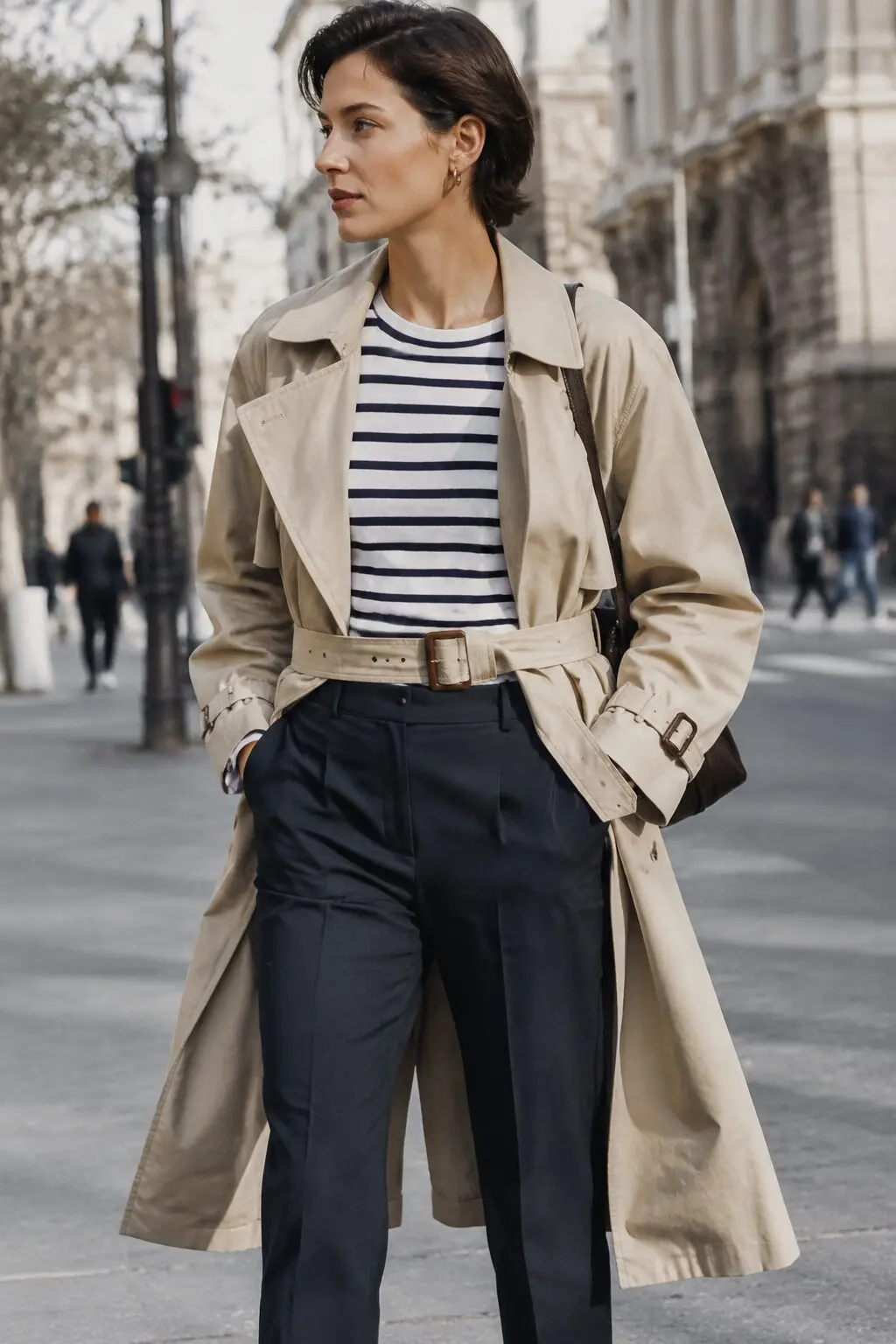 ink navy cigarette pants and breton stripe top outfit with belted trench for city weekend