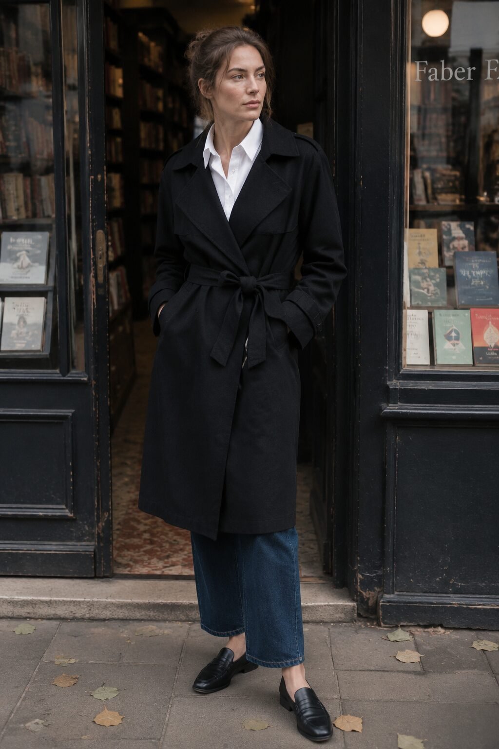 late fall bootcut jeans outfit inspired by Carolyn Bessette Kennedy: ribbed turtleneck tank, oversized cocoon coat, and stacked-heel boots