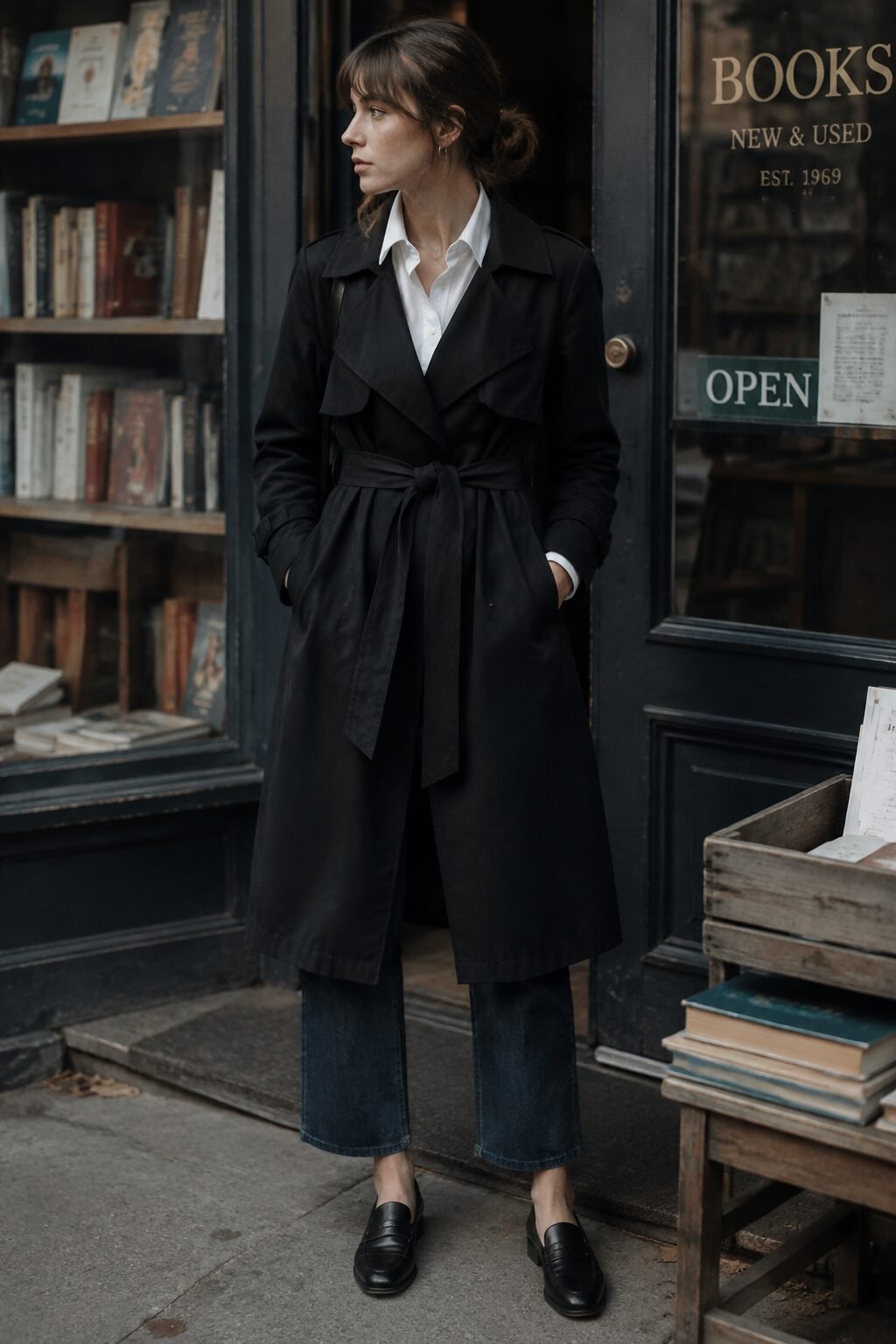 black wrap-trench coat, white oxford shirt, and cropped jeans, effortless fall coat outfit