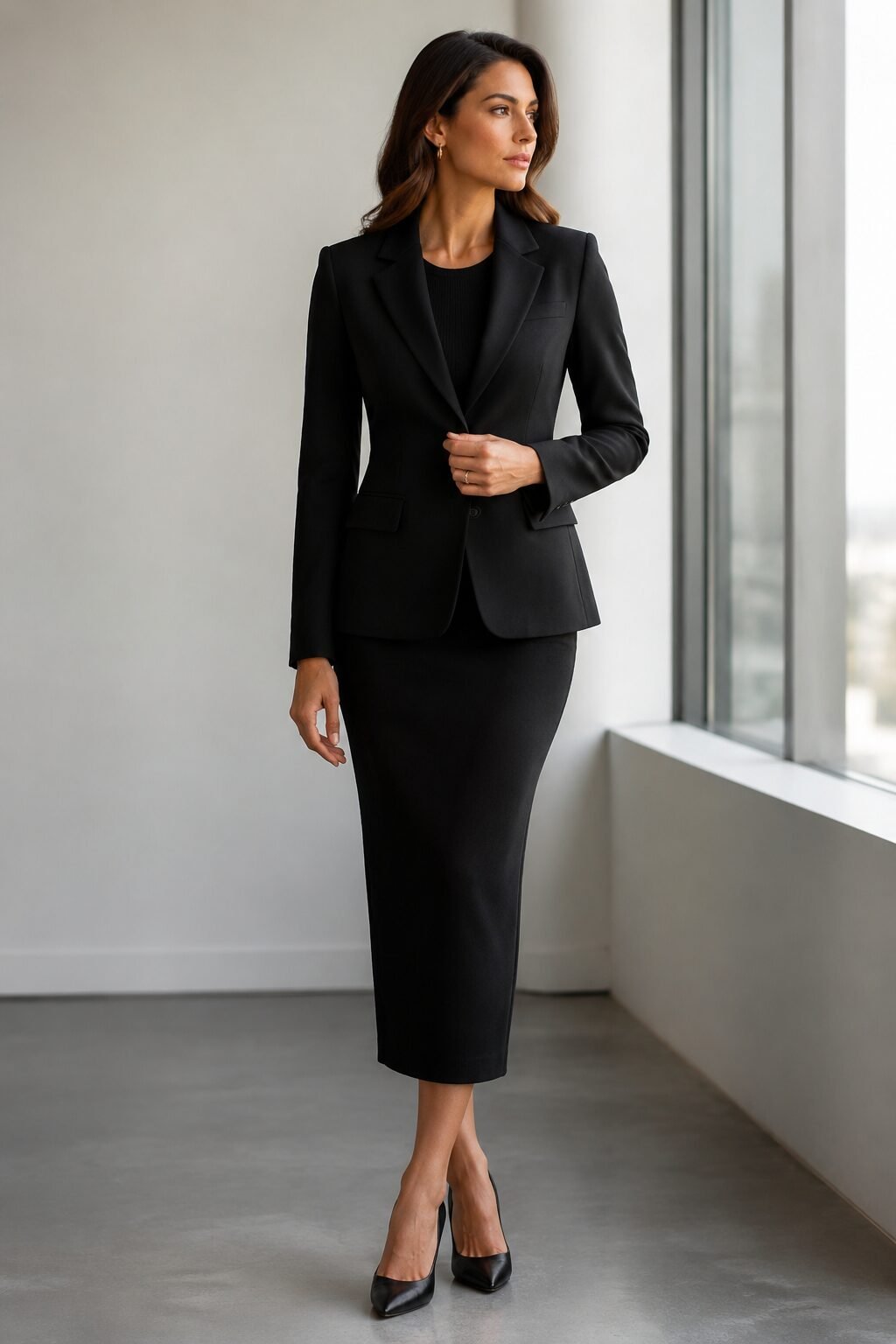 woman in a matching black blazer and pencil skirt with pointed pumps for a classic office outfit
