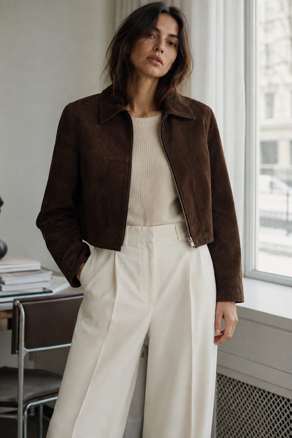 how to style a suede jacket with wide-leg trousers: chocolate suede jacket, ivory tailored trousers, and black loafers