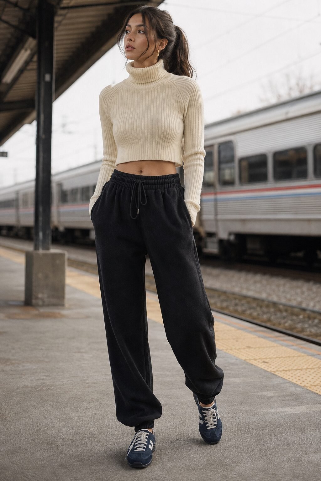 sweater outfit for travel: cropped turtleneck with a black fleece jogger and navy sneakers