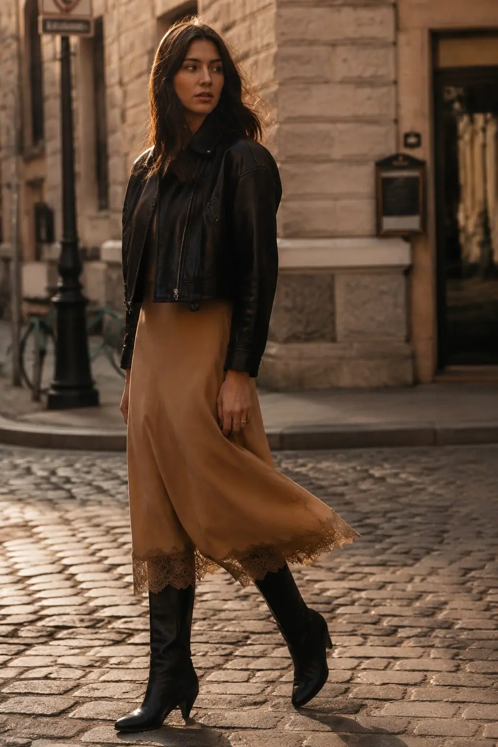 how to style a leather jacket with a skirt: black leather jacket over a silk lace-trimmed midi skirt and boots