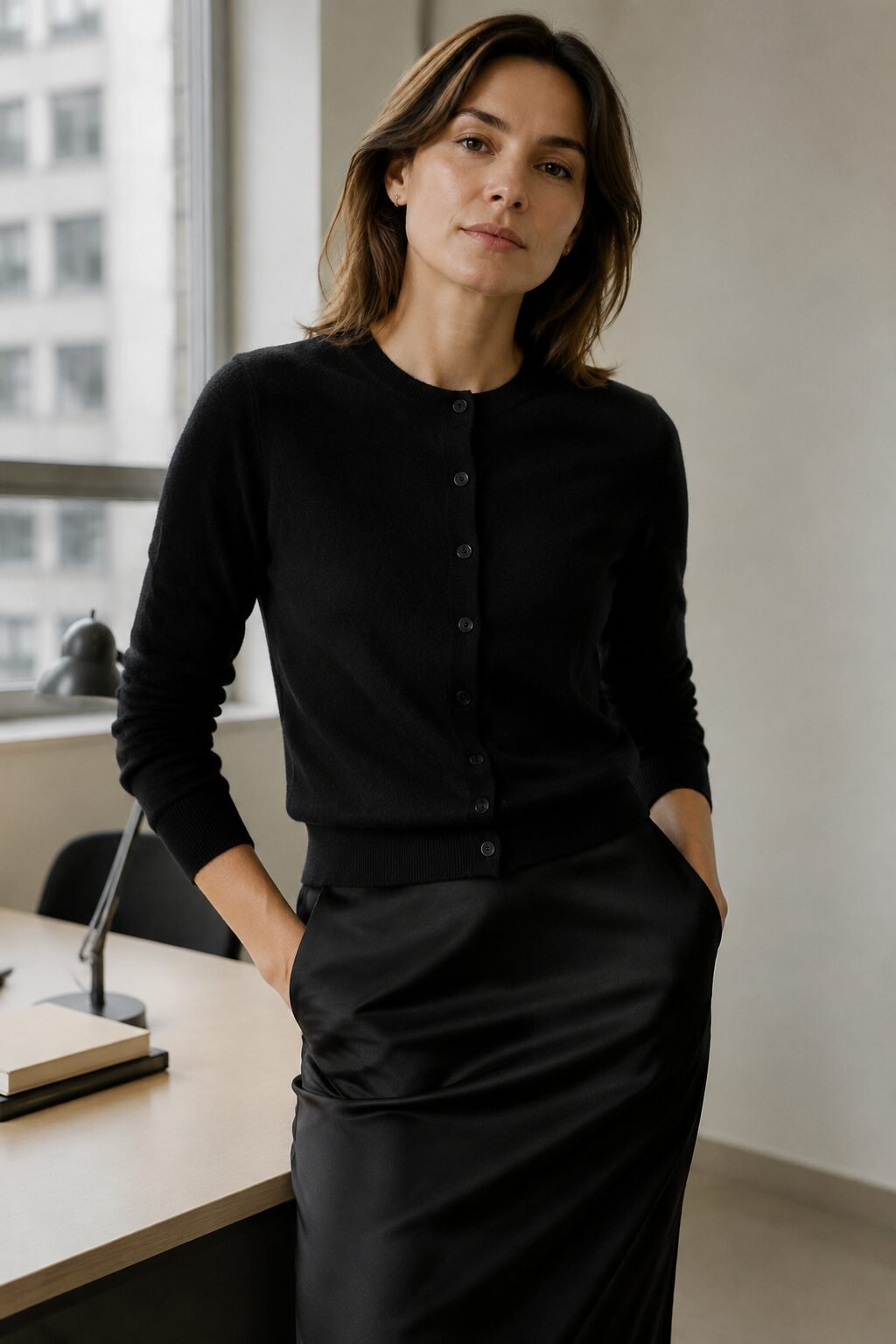 how to style a cardigan with a pencil skirt: black cashmere cardigan buttoned over black silk pencil skirt, monochrome office outfit