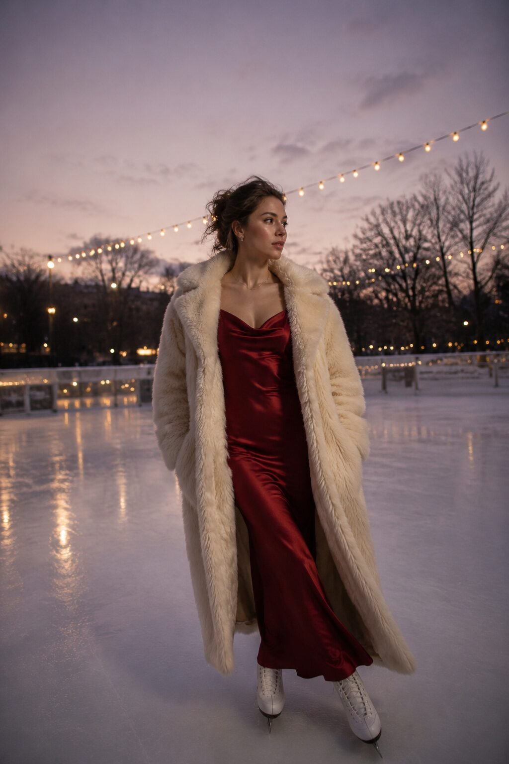 glamorous christmas outfits quiet luxury, cream faux fur coat over navy silk slip dress for evening date