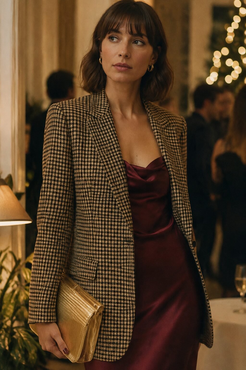 tan houndstooth blazer over a chianti satin slip dress with a gold metallic clutch, a new year's-adjacent christmas party outfit