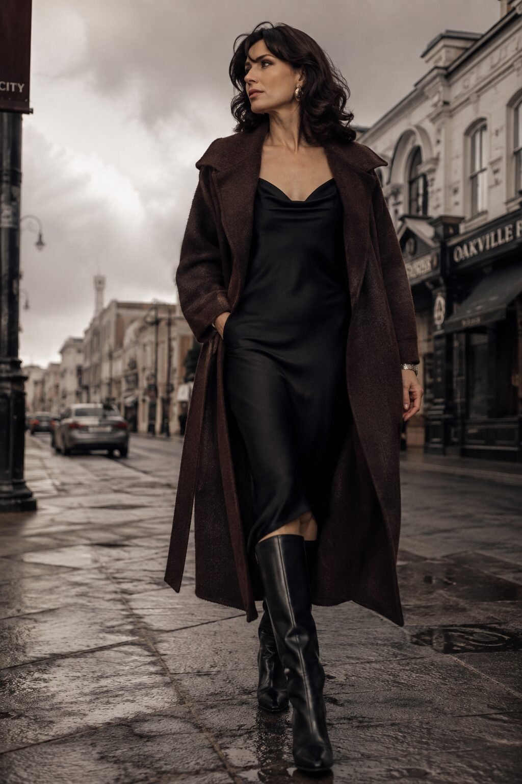 dark christmas outfit idea: espresso brown wrap coat over a black slip dress and knee boots for a day of holiday shopping