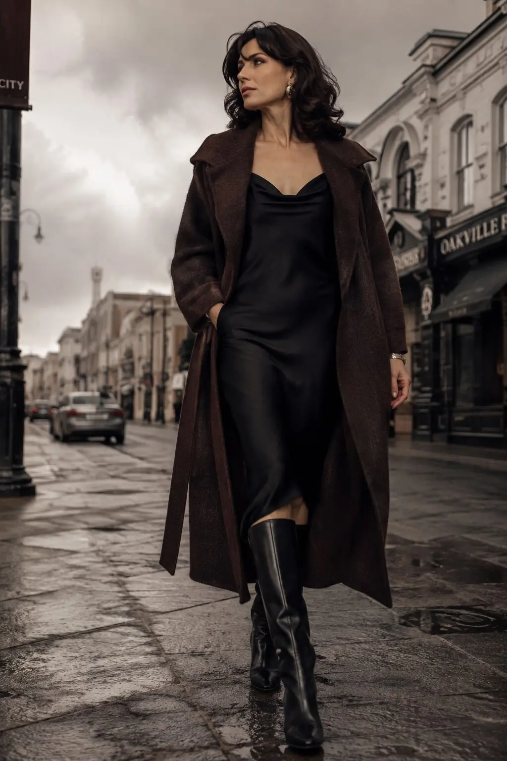 dark christmas outfit idea: espresso brown wrap coat over a black slip dress and knee boots for a day of holiday shopping
