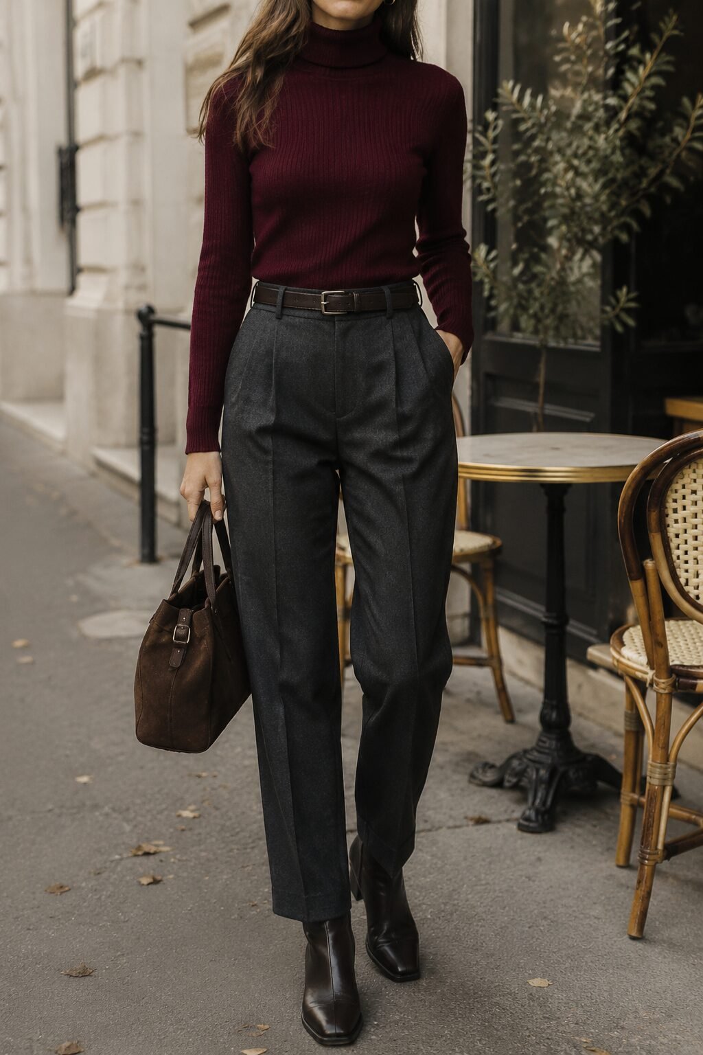wine turtleneck with charcoal wool trousers, elegant christmas lunch outfit for lunch with friends
