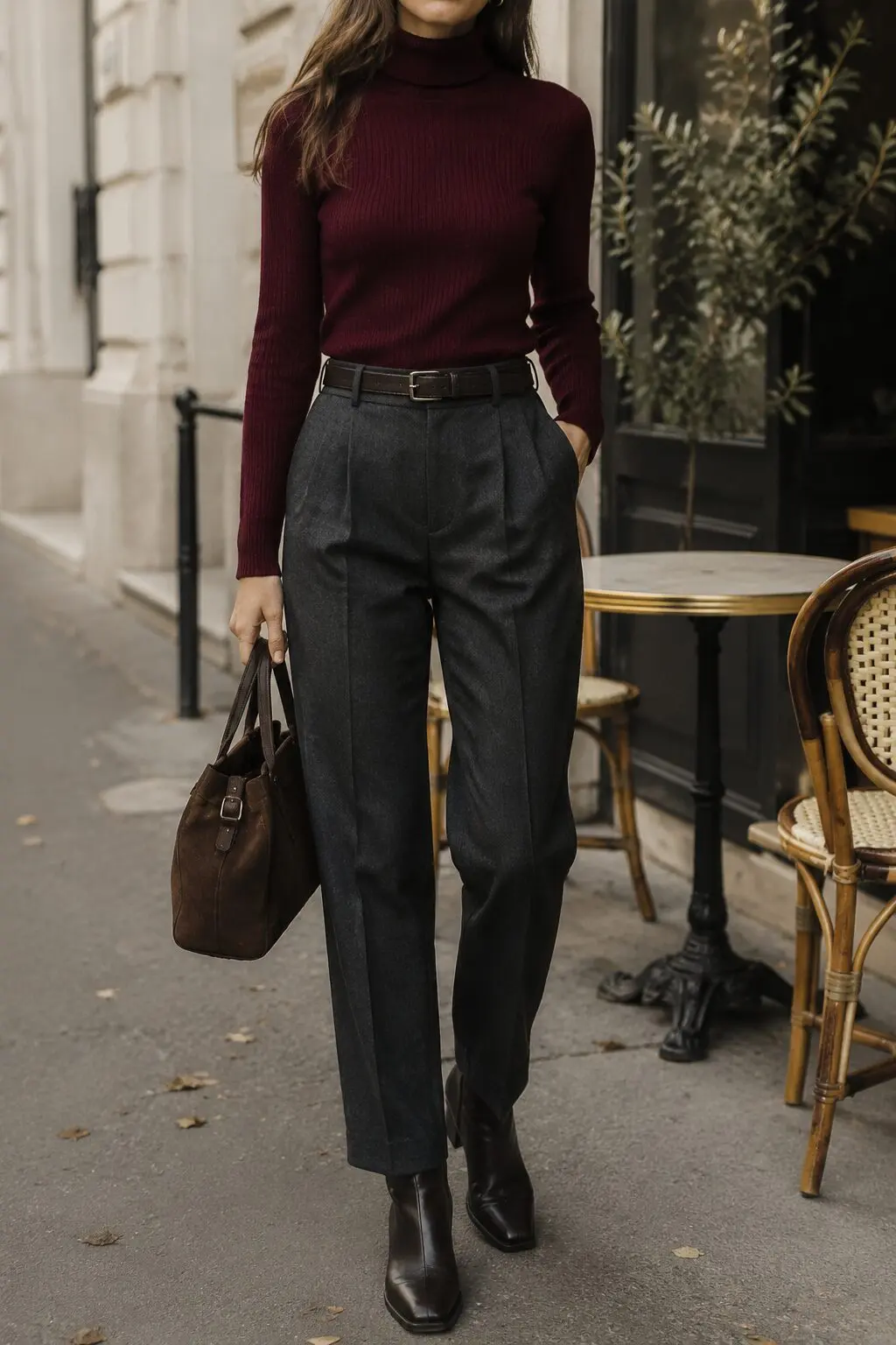 wine turtleneck with charcoal wool trousers, elegant christmas lunch outfit for lunch with friends