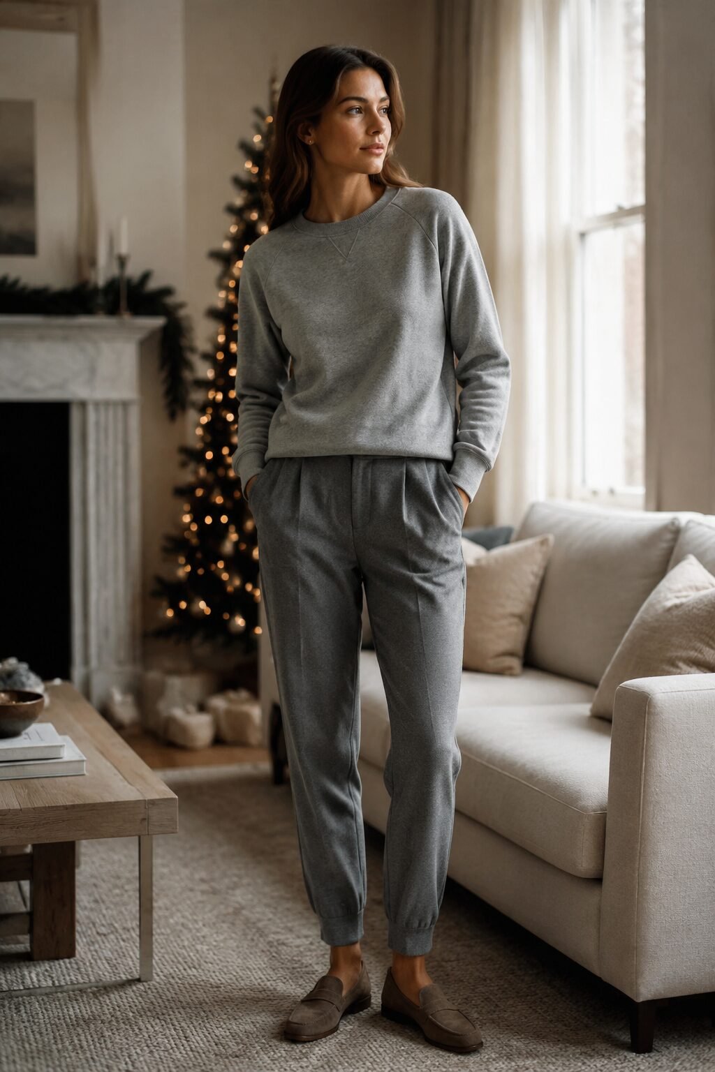 comfortable chic christmas day outfit: grey merino sweatshirt, tailored joggers, and loafers