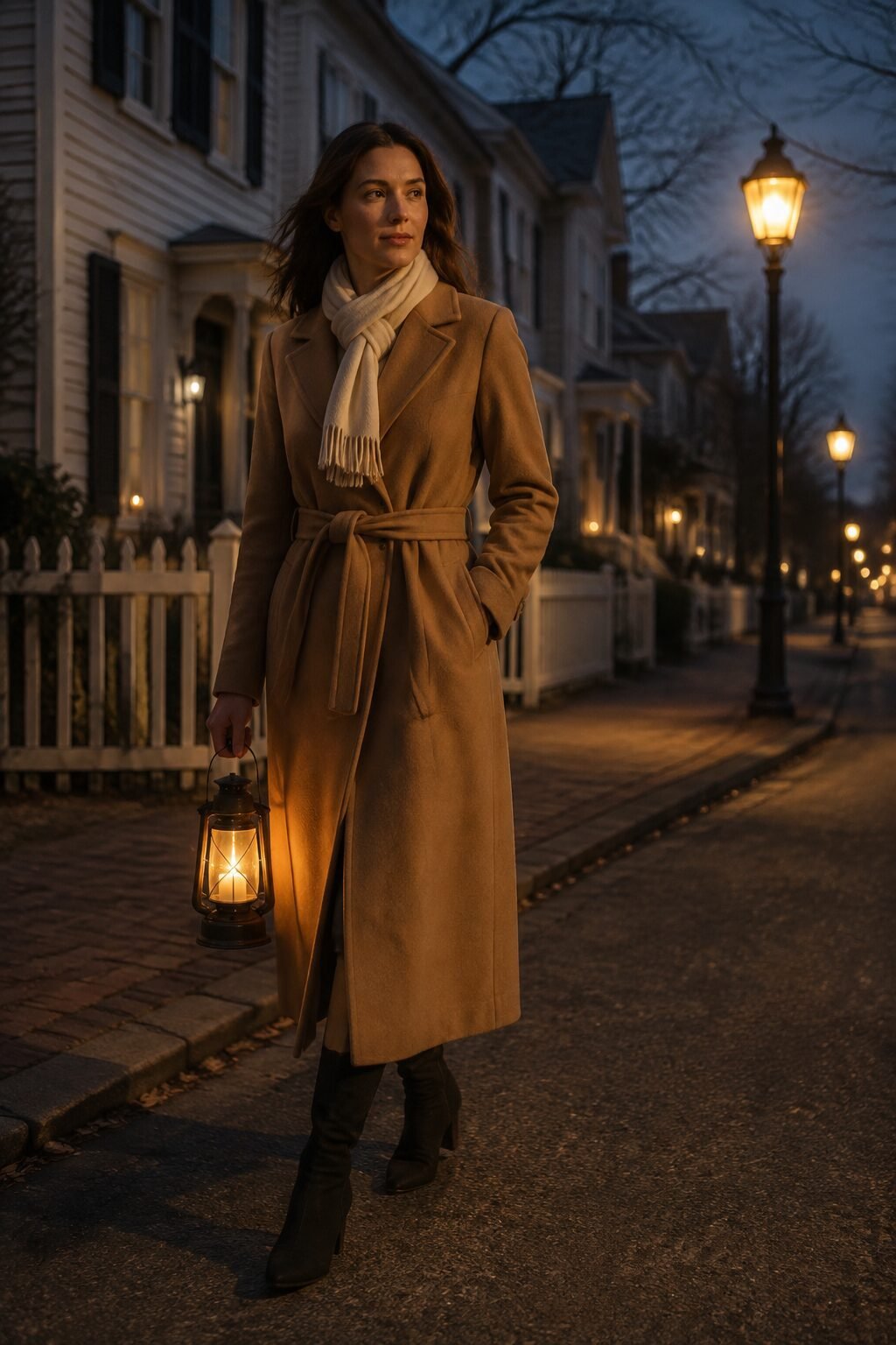 chic Christmas Eve outfit: camel wool coat dress for walking to candlelight service