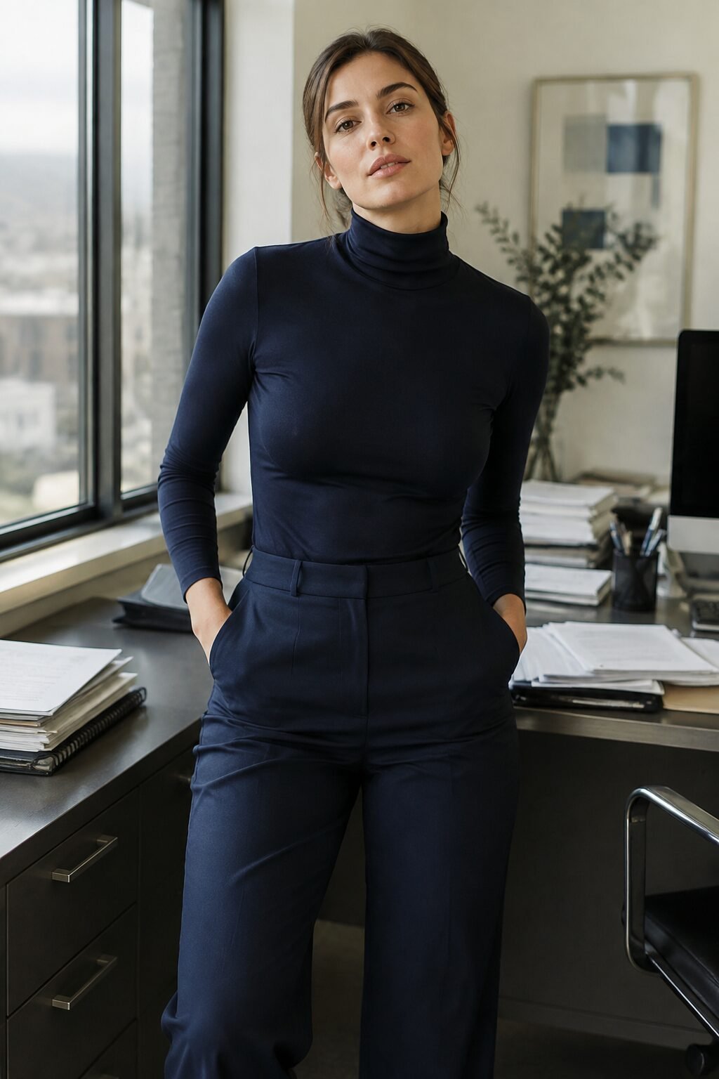 ink navy turtleneck bodysuit tucked into a sleek tailored trouser, a 90s minimalist office outfit